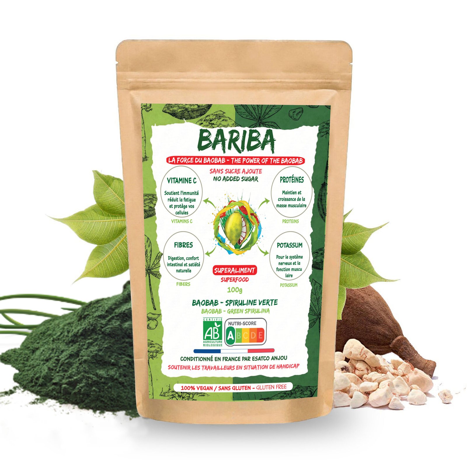 COMPLEMENT ALIMENTAIRE POUDRE DE BAOBAB BIO BRUT PREMIUM & SPIRULINE  VERTE BIO 100G