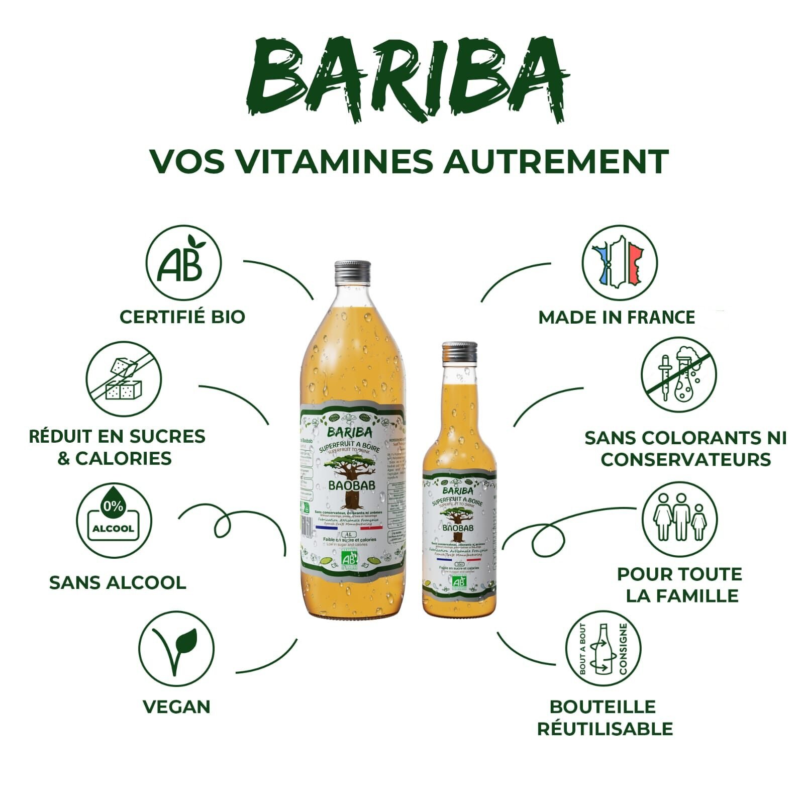 Bouteilles de boissons bio au baobab nature BARIBA 1L et 33CL, sans alcool, vegan, en bouteille consignée et réutilisable, fabriquée en France.