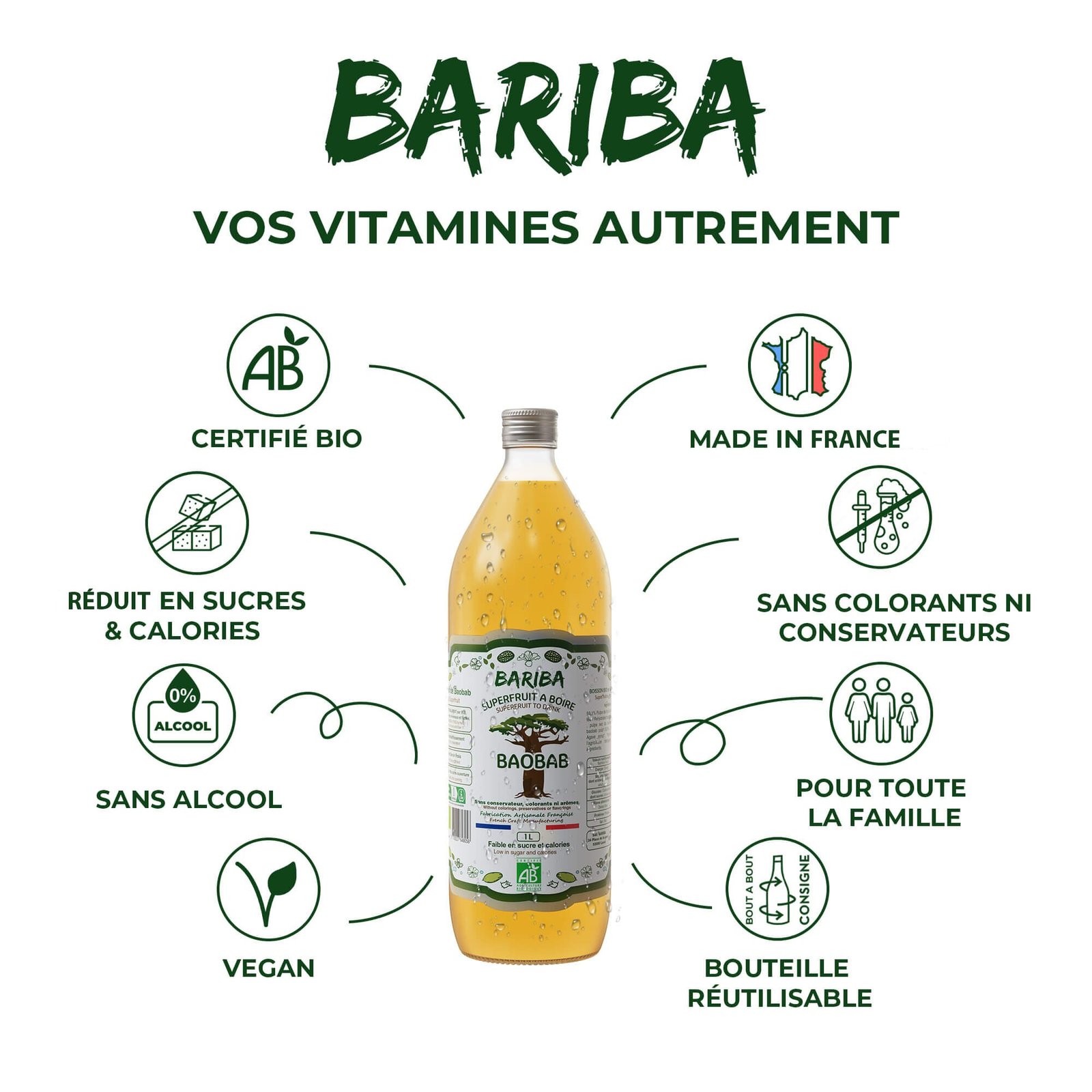 Bouteille de boisson bio au baobab nature BARIBA 1L, sans alcool, vegan, en bouteille consignée et réutilisable, fabriquée en France.