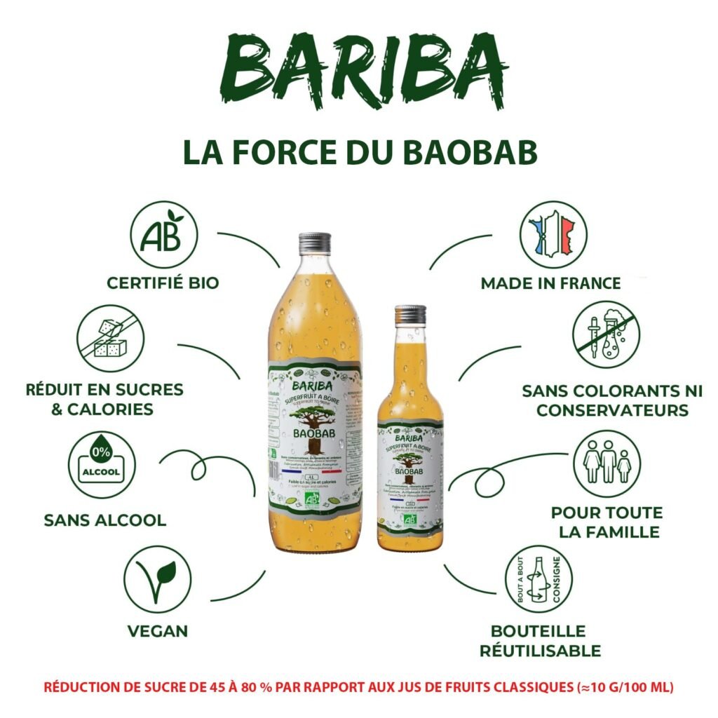 Bouteilles de boissons bio au baobab nature BARIBA 1L et 33CL, sans alcool, vegan, en bouteille consignée et réutilisable, fabriquée en France.