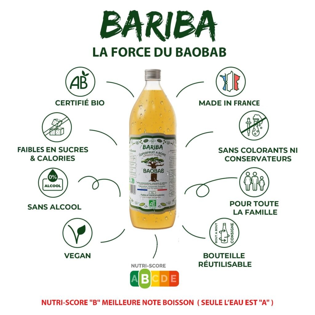 Bouteille de boisson bio au baobab nature BARIBA 1L, sans alcool, vegan, en bouteille consignée et réutilisable, fabriquée en France.