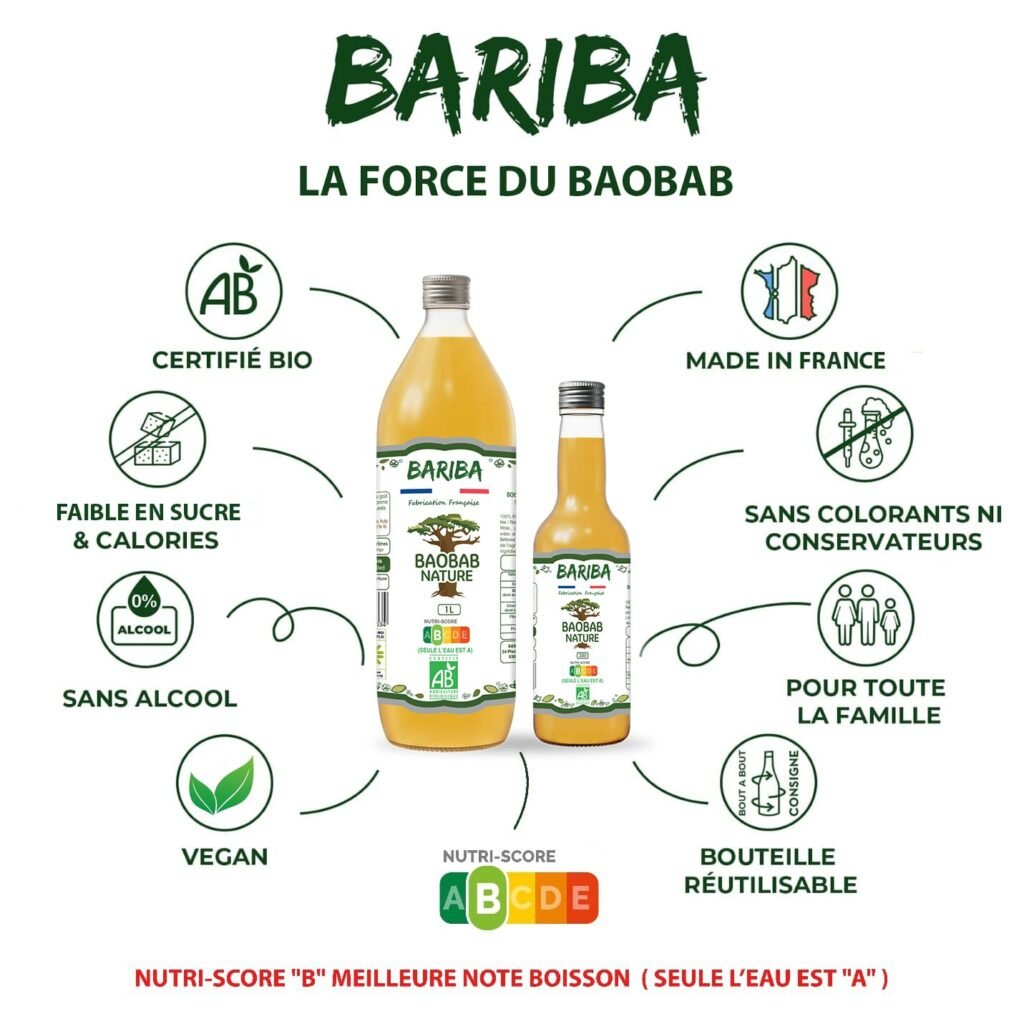 Bouteilles de boissons bio au baobab nature BARIBA 1L et 33CL, sans alcool, vegan, en bouteille consignée et réutilisable, fabriquée en France.