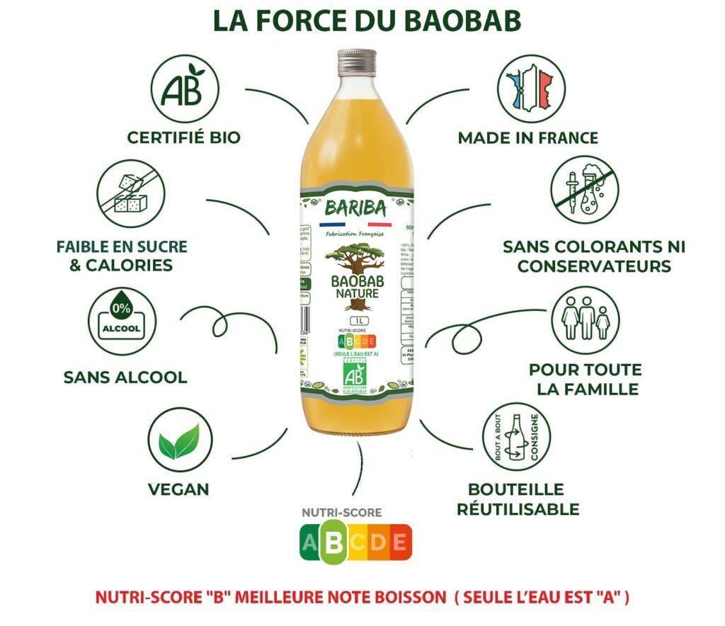 Bouteille de boisson bio au baobab nature BARIBA 1L, sans alcool, vegan, en bouteille consignée et réutilisable, fabriquée en France.