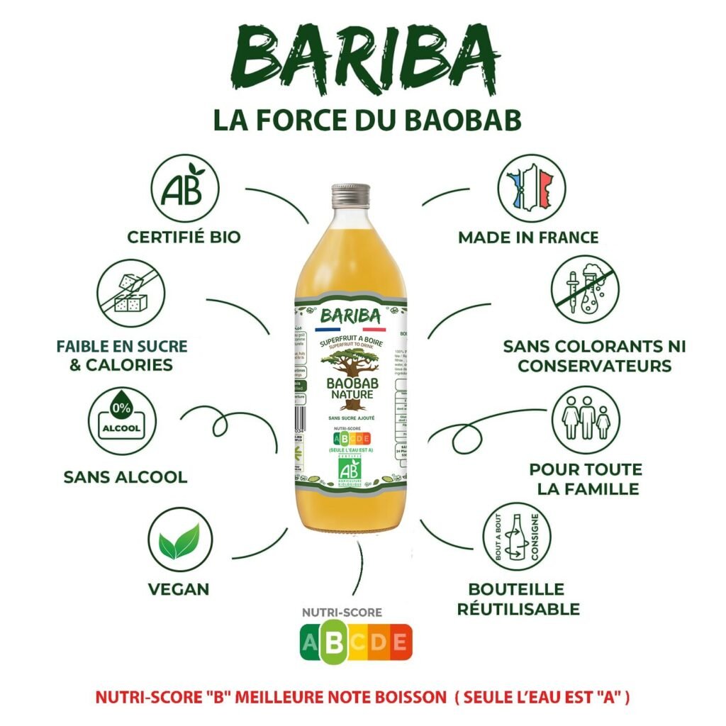 Bouteille de boisson bio au baobab nature BARIBA 1L, sans alcool, vegan, en bouteille consignée et réutilisable, fabriquée en France.