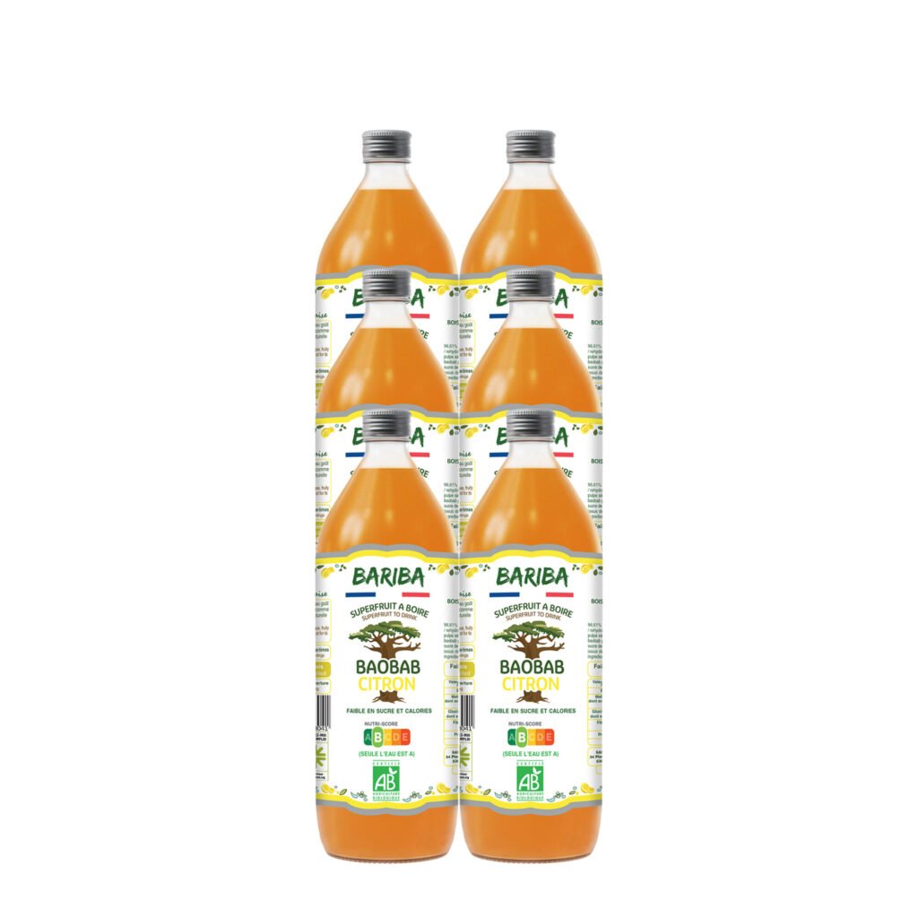Pack de 6 bouteilles de boisson bio au baobab citron 1L consignées, BARIBA – boisson tonique et vitaminée fabriquée en France