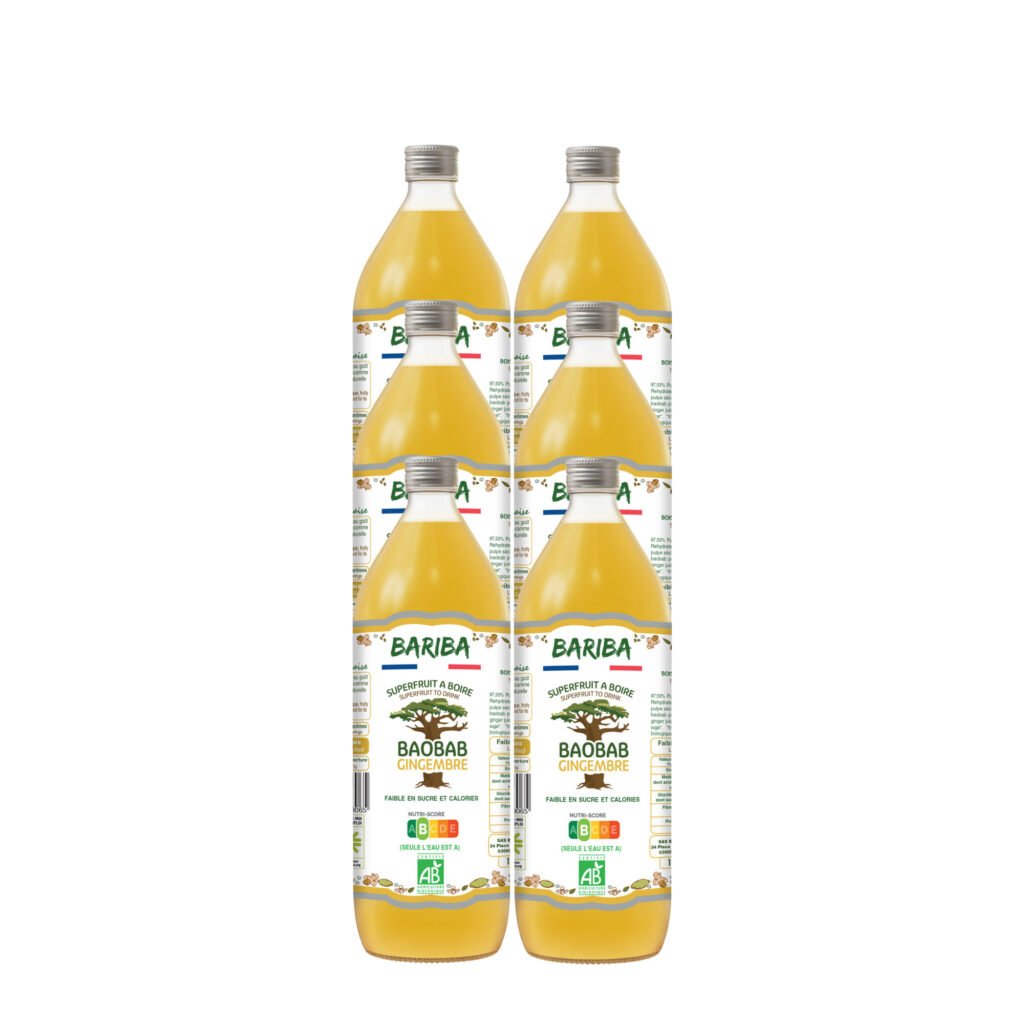 Pack de 6 bouteilles de boisson bio au baobab gingembre 1L consignées, BARIBA – boisson énergisante et naturelle, sans additifs