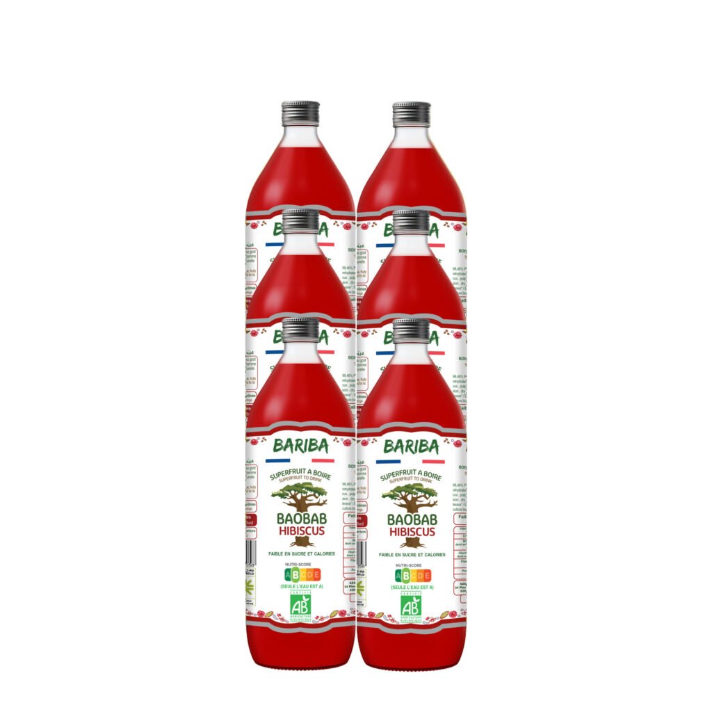 Pack de 6 bouteilles de boisson bio au baobab hibiscus 1L consignées, BARIBA – boisson florale antioxydante sans additifs