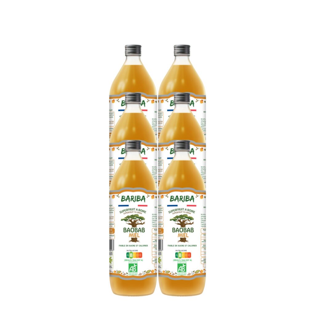 Pack de 6 bouteilles de boisson bio au baobab miel 1L consignées, BARIBA – boisson naturelle douce et réconfortante sans additifs