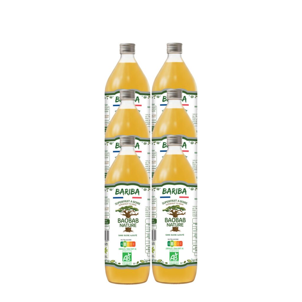 Pack de 6 bouteilles de boisson bio au baobab nature 1L consignées, BARIBA – hydratation naturelle et sans additifs