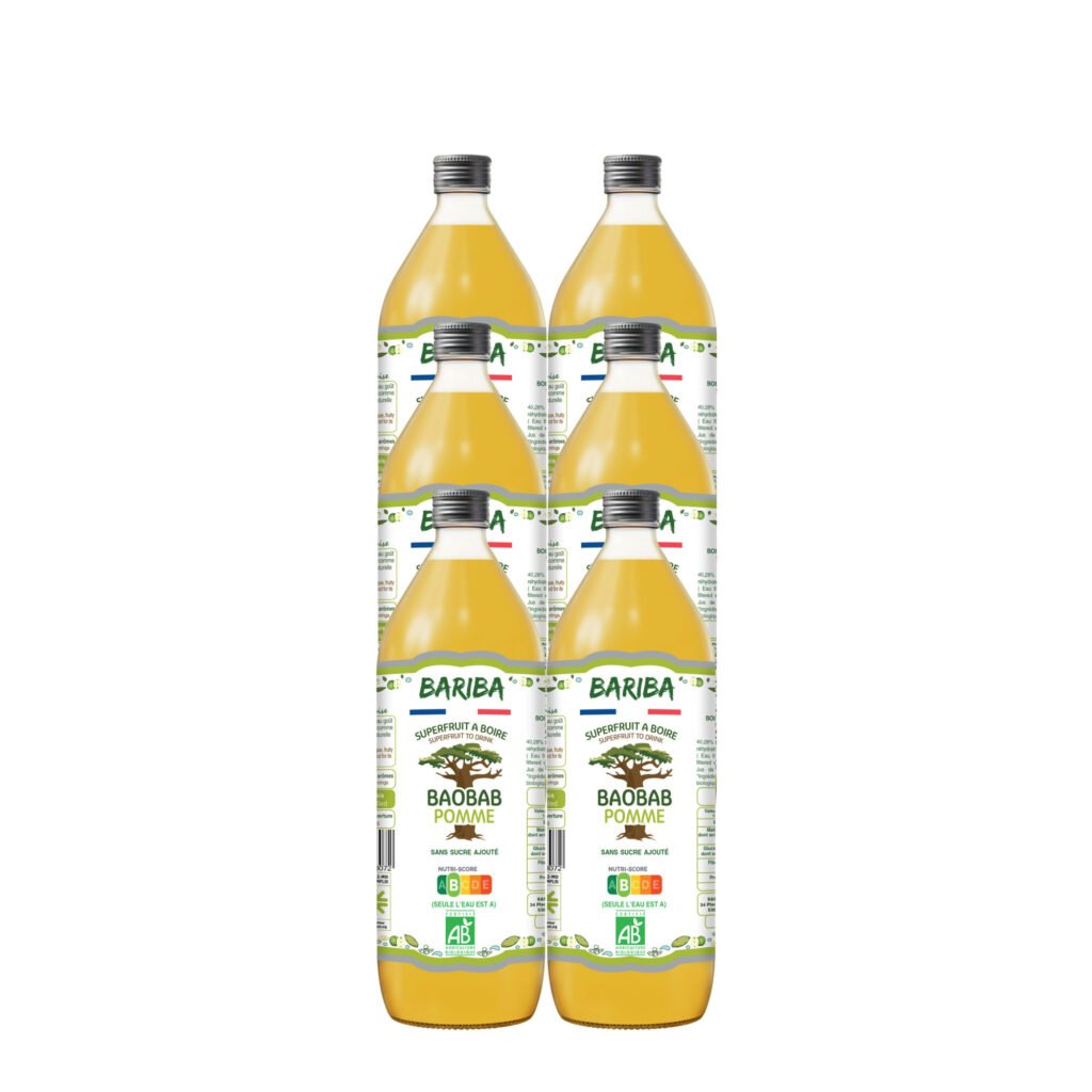 Pack de 6 bouteilles consignées de boisson bio au baobab et pomme 1L – boisson fonctionnelle végétale saine et sans additifs, idéale pour une hydratation naturelle