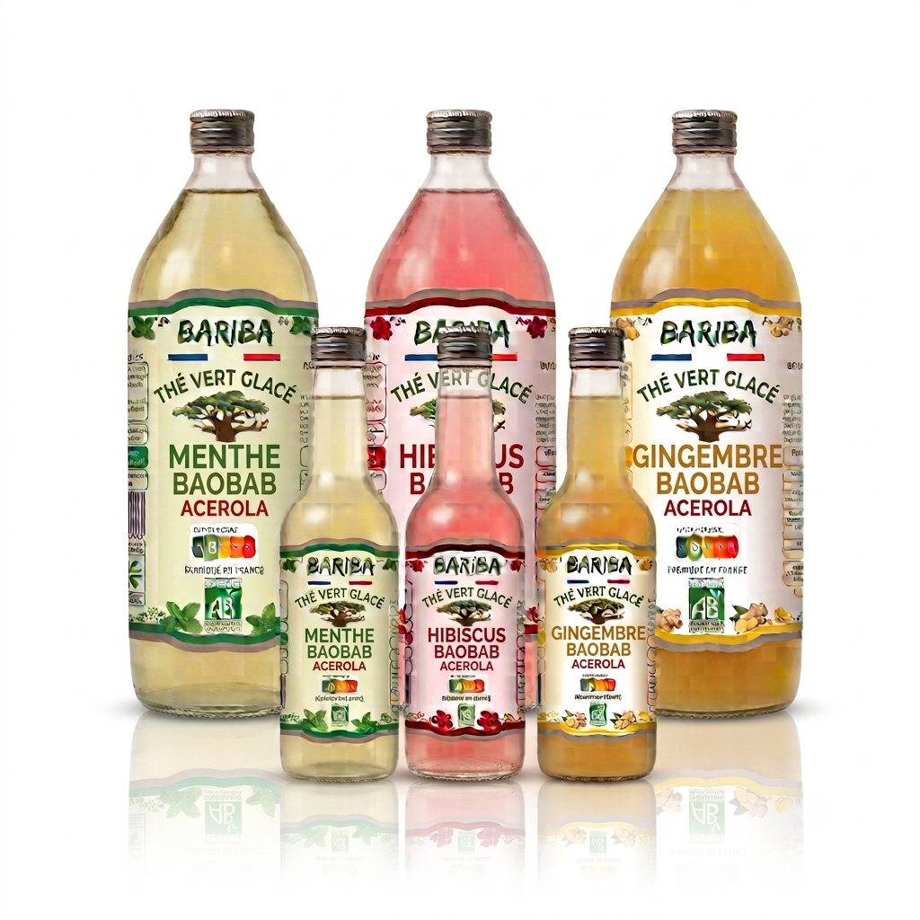 The glace fruite BARIBA - bouteilles de the vert glace bio menthe, hibiscus et gingembre baobab