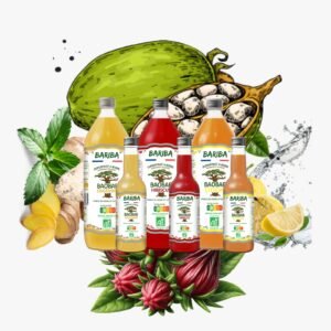 Bouteilles de jus de baobab bio BARIBA, saveurs hibiscus, gingembre et citron
