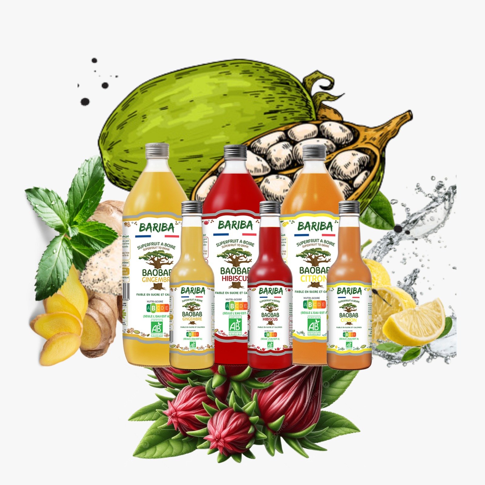 Bouteilles de jus de baobab bio BARIBA, saveurs hibiscus, gingembre et citron