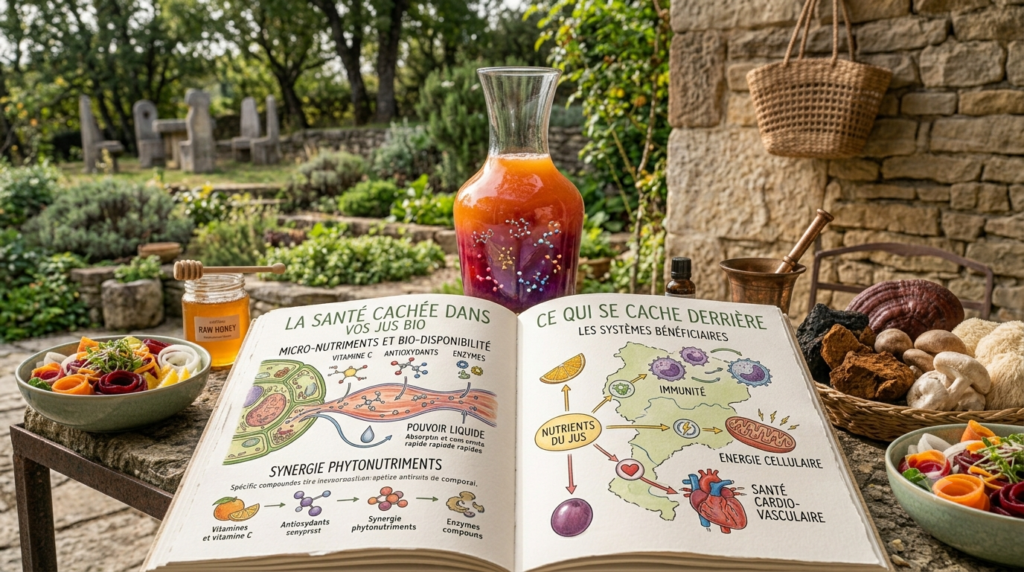 Livre illustre expliquant les bienfaits des jus de fruits bio sur l'immunite, l'energie cellulaire et la sante cardiovasculaire