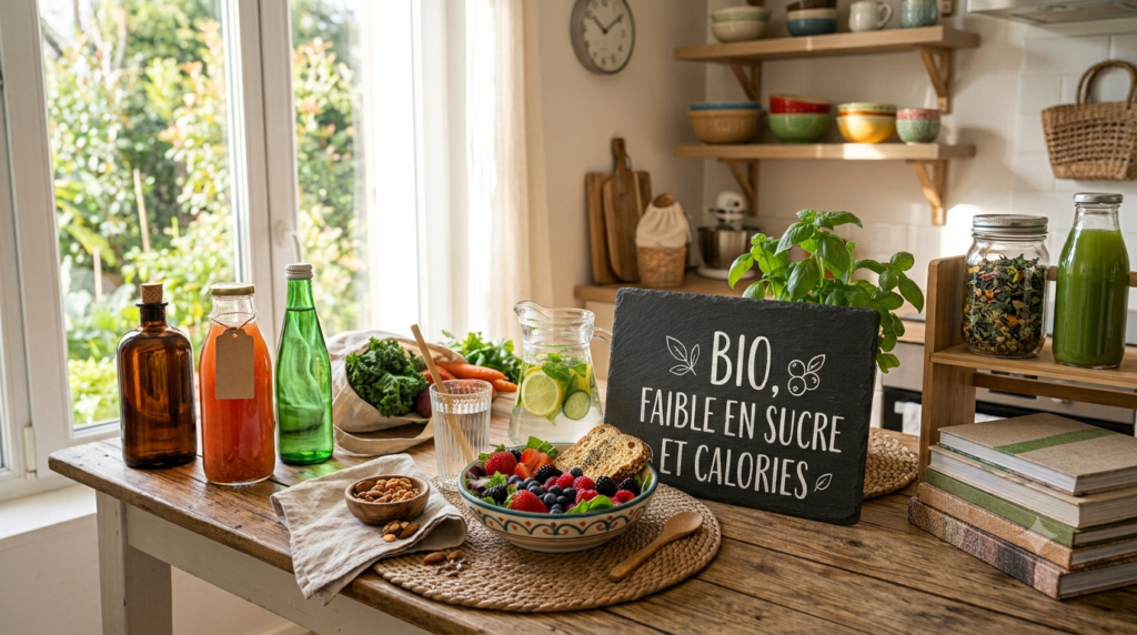 Table de cuisine avec produits bio faibles en sucre et en calories : fruits rouges, boissons, ingredients naturels