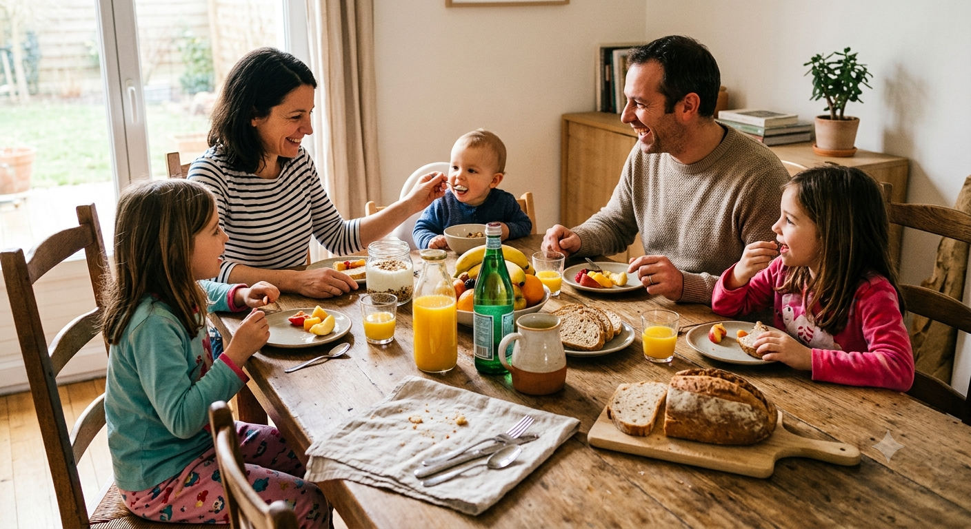 Famille prenant un petit-dejeuner sain avec jus de fruits frais pour reduire le sucre dans les boissons