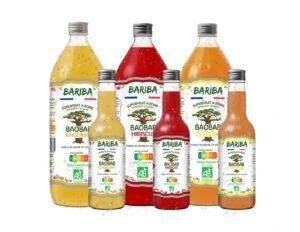 Bouteilles de jus de baobab bio BARIBA, gamme complete gingembre, hibiscus et citron, fabriquee en France