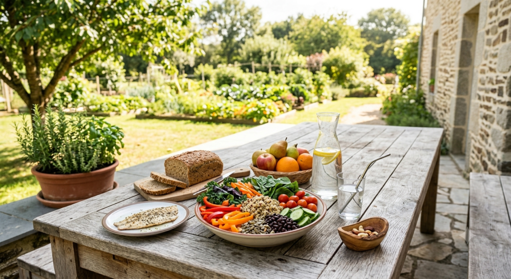 Repas equilibre avec fruits, legumes et eau, illustrant les recommandations nutritionnelles