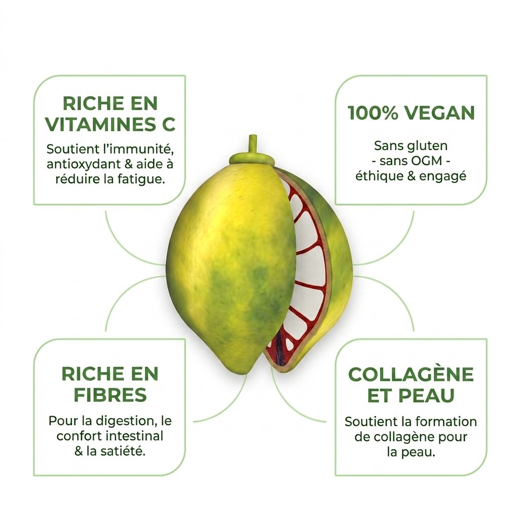 Bienfaits du baobab bio BARIBA : riche en vitamine C, riche en fibres, soutient le collagène, 100% vegan sans gluten sans OGM