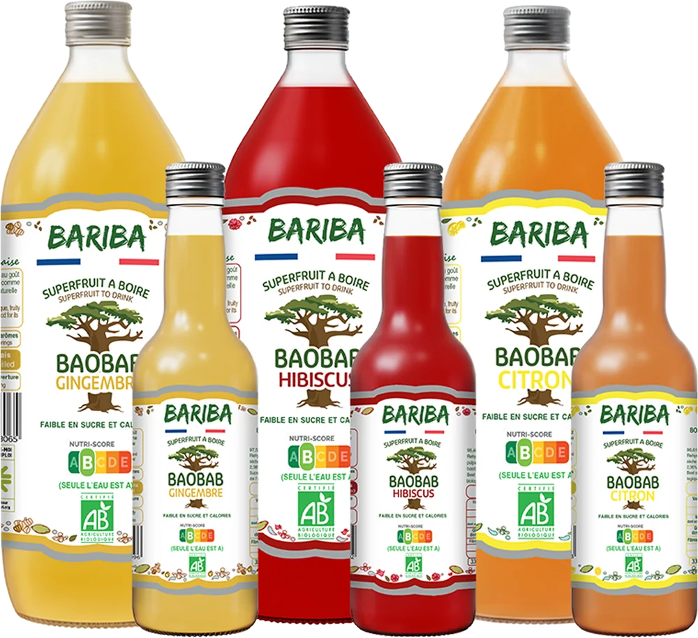 Gamme de boissons bio au baobab BARIBA Gingembre, Hibiscus et Citron en bouteilles 1L et 33cl