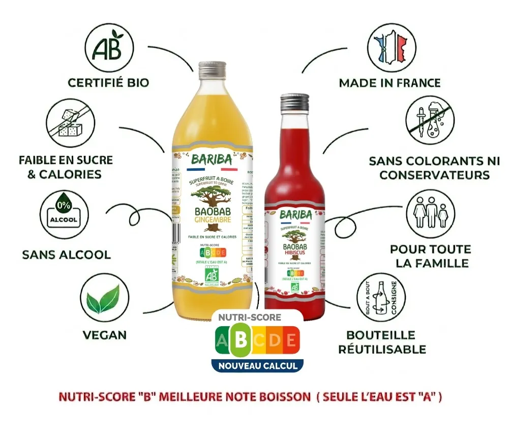 Boissons bio au baobab BARIBA Gingembre 1L et Hibiscus 33cl, Nutri-Score B, faibles en sucre, bouteille réutilisable