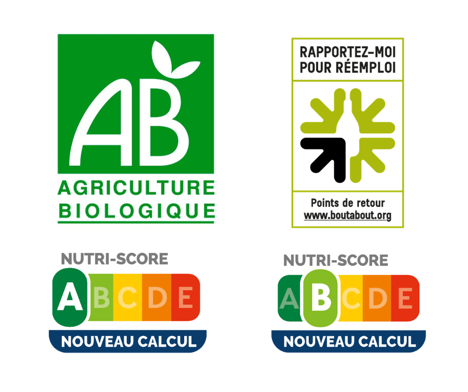 Certifications BARIBA : Agriculture Biologique (AB), Nutri-Score A et B, bouteille consignée réemploi