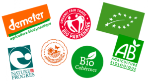 Principaux labels bio : AB, Eurofeuille europeenne, Demeter, Bio Partenaire, Nature et Progres, Bio Coherence, Haute Valeur Environnementale