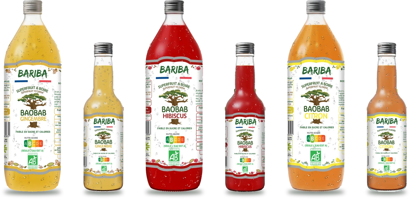 Gamme de boissons bio au baobab BARIBA : gingembre, hibiscus et citron en 1L et 33cl