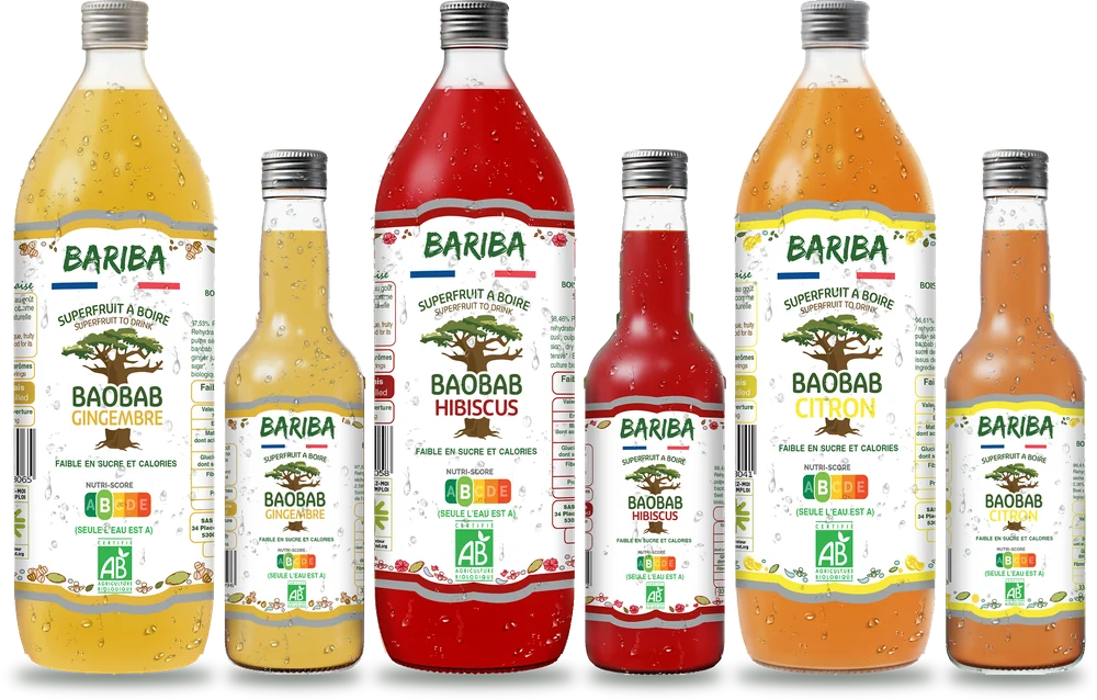 Gamme de boissons bio au baobab BARIBA : gingembre, hibiscus et citron en 1L et 33cl