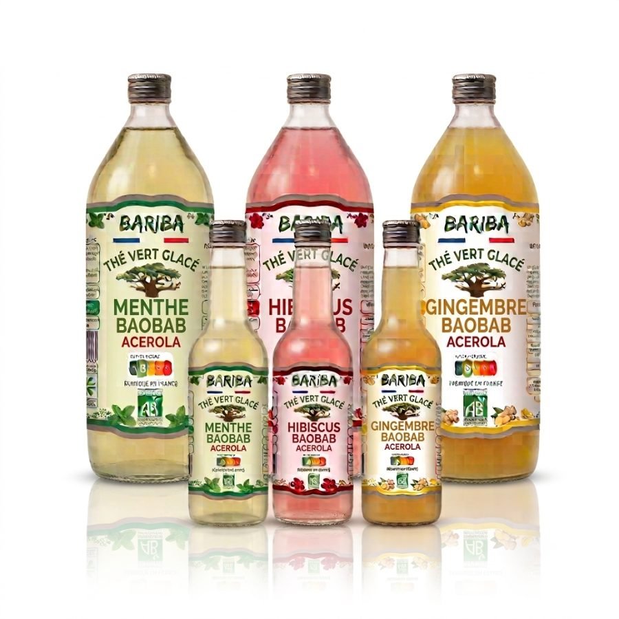Thé glacé fruité BARIBA : bouteilles de thé vert glacé bio menthe, hibiscus et gingembre baobab